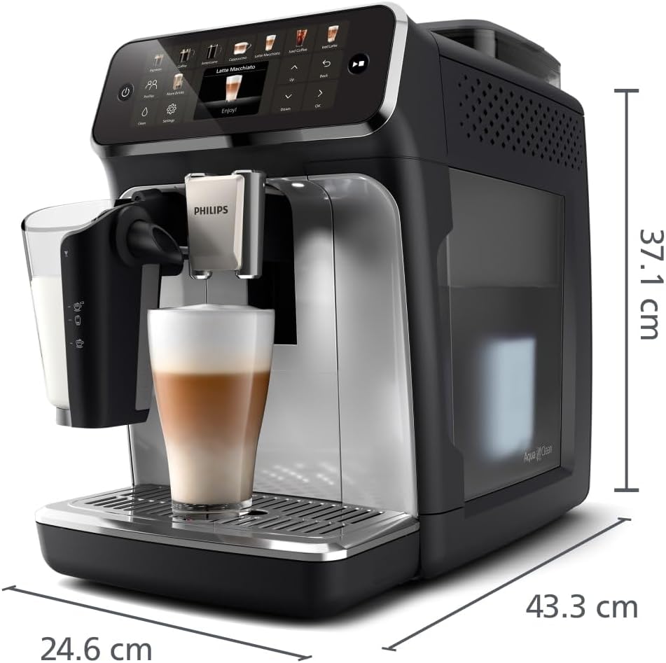 Philips Serie 5500 Kaffeevollautomat – LatteGo Milchsystem, 20 heiße und kalte Kaffeespezialitäten, 40% leiser mit SilentBrew, QuickStart, Schwarz und Silber (EP5546/70)